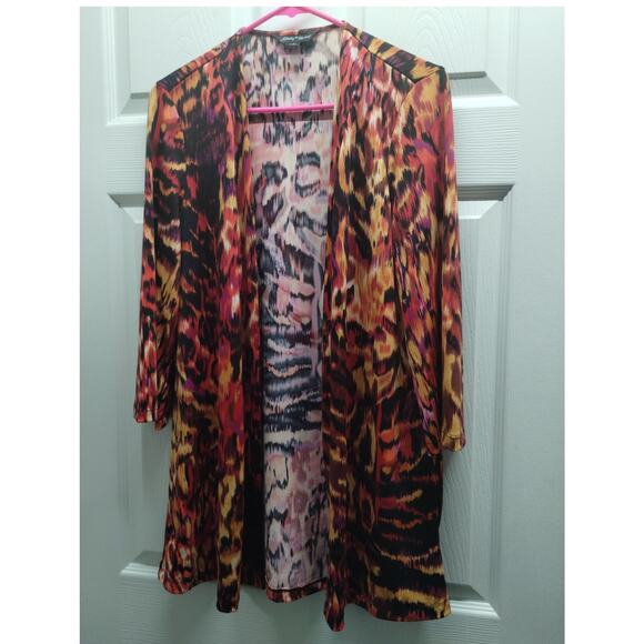 Slinky Brand Women's Size Small Orange Red Abstract Open Front Cardigan - Picture 1 of 5